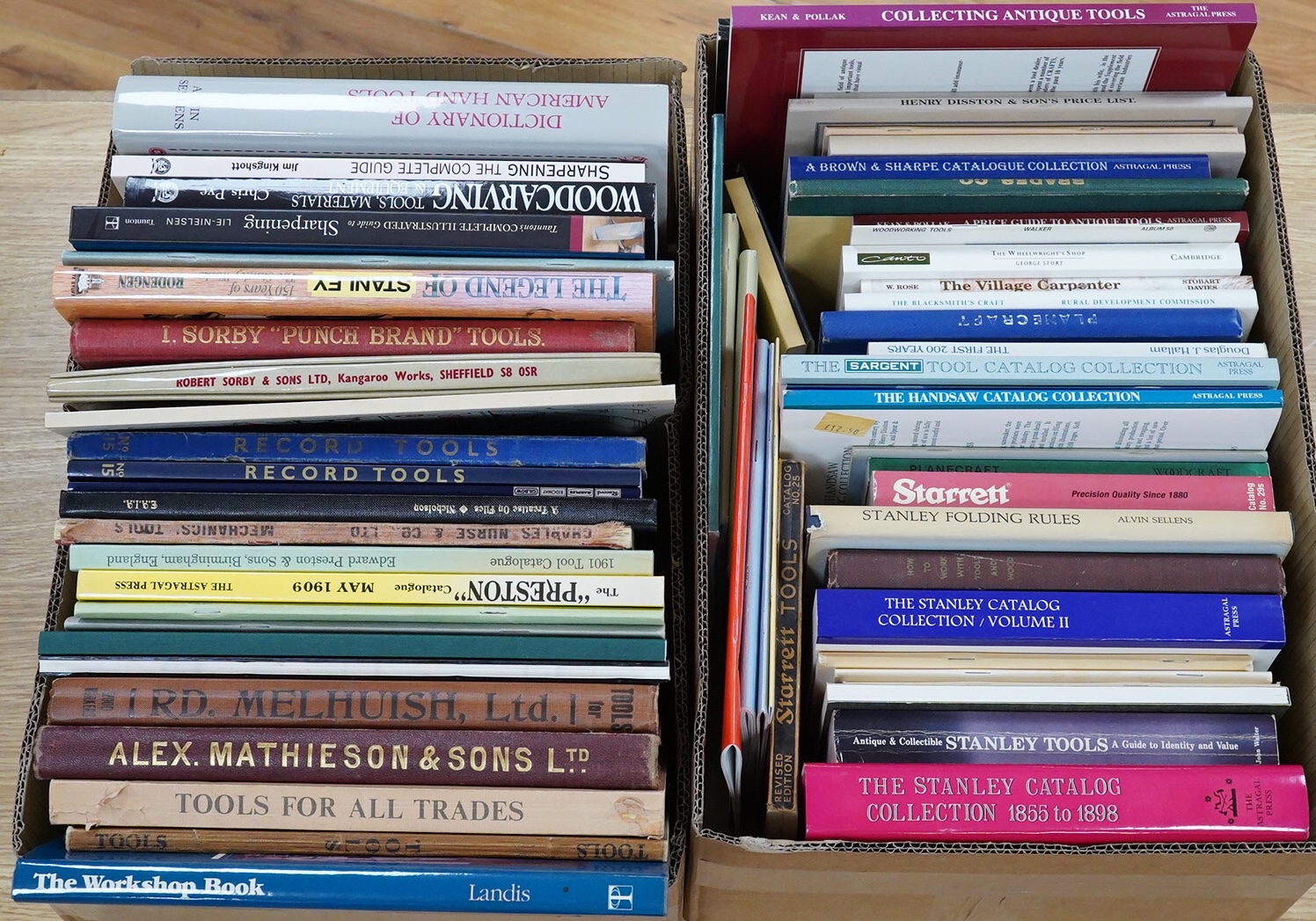 Two boxes of woodworking related books, titles include; The Workshop Book, Tools for all Trades, Alex Mathieson & Sons Ltd., Record Tools catalogues, Sorby ‘Punch Brand’ Tools catalogues, The Legend of Stanley, The Lie-N